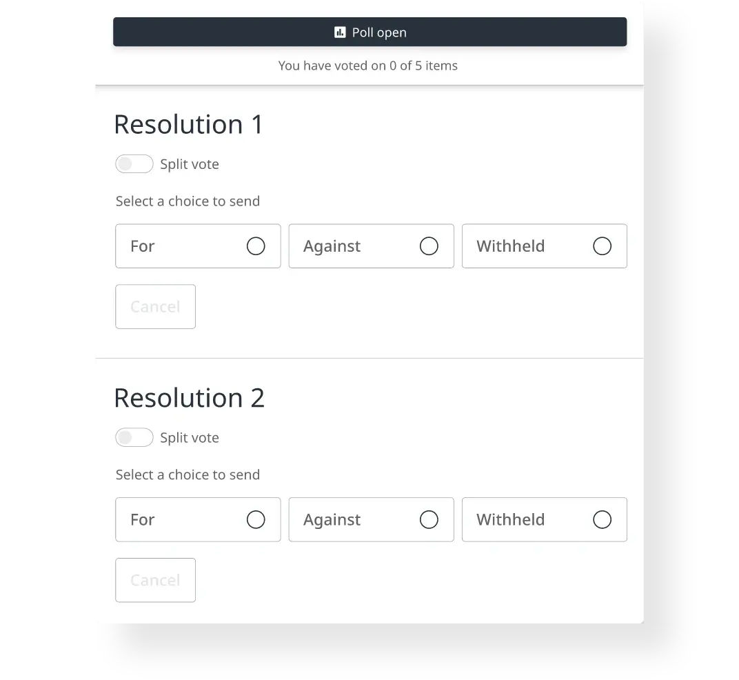 screen showing voting on 2 resolutions with multiple options