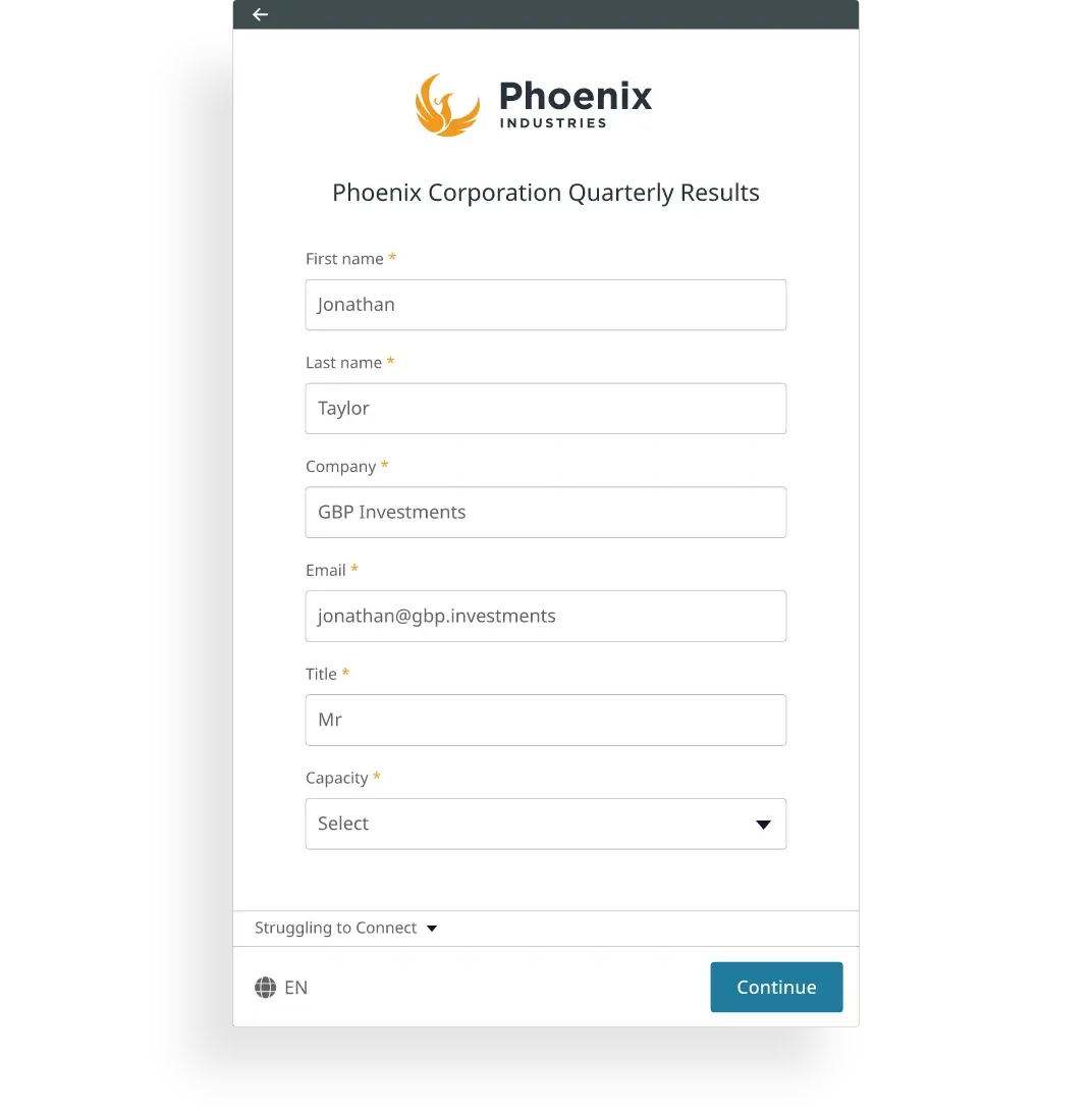 Screen showing a form