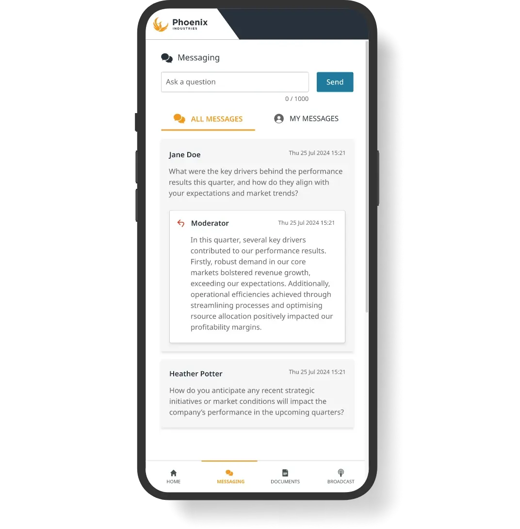 phone showing a q&a screen with questions from participants